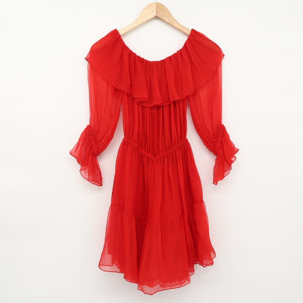 Gucci Women's Ruffled Off The Shoulder Silk Chiffon Mini Dress Red Sz 38 - Picture 4 of 14